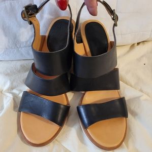 Kork-Ease Black Leather Triple-Strap Slingback Sandals